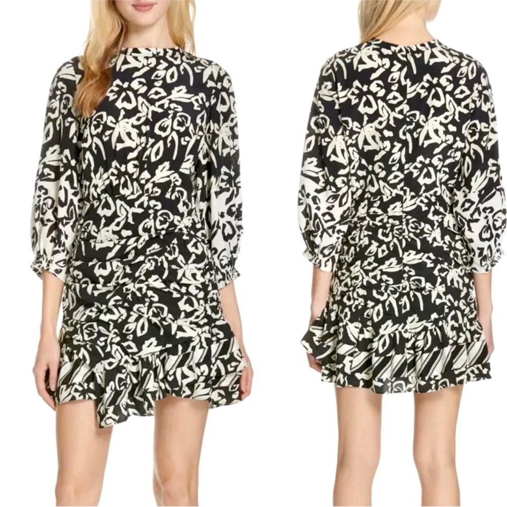 Tanya Taylor Black and White Floral-Print Mini Dress